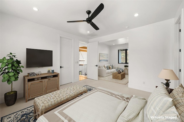 bedroom with recessed lighting, a ceiling fan, and visible vents