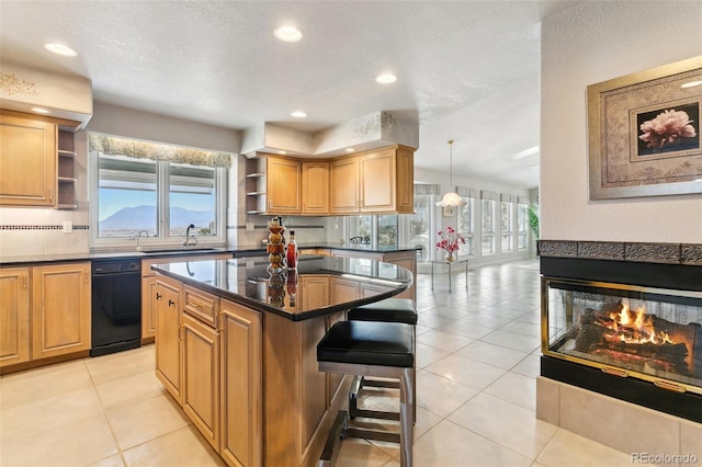 kitchen with light tile patterned floors, a center island, open shelves, a sink, and a kitchen bar