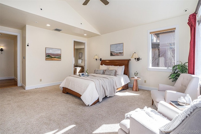 bedroom featuring light carpet, ceiling fan, visible vents, and baseboards