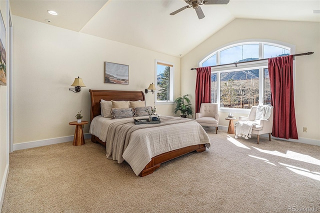 bedroom featuring high vaulted ceiling, light carpet, ceiling fan, and baseboards