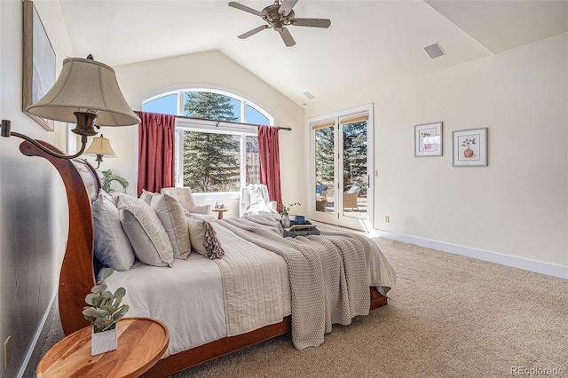 carpeted bedroom featuring lofted ceiling, visible vents, a ceiling fan, baseboards, and access to outside