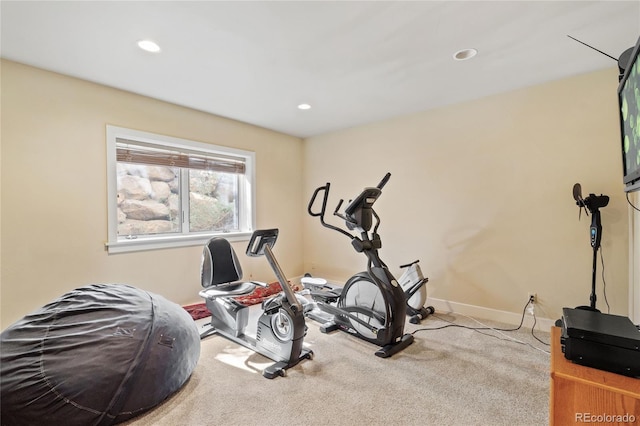 workout area with baseboards, carpet flooring, and recessed lighting