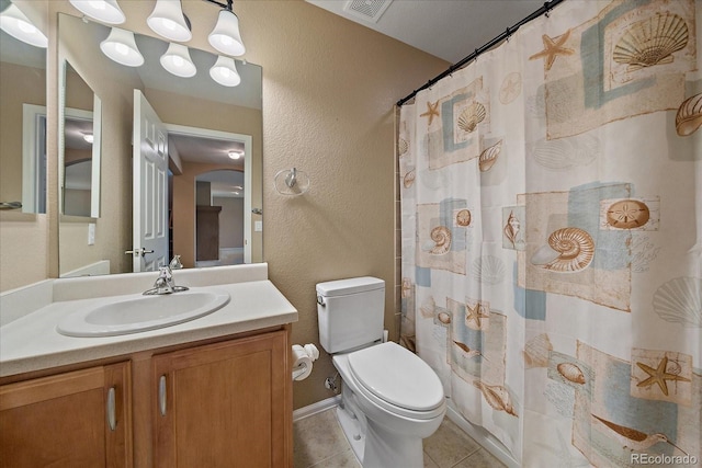 22873 E David Pl, Aurora, CO 80016 - bathroom with vanity, tile patterned floors, a textured wall, and a shower with curtain