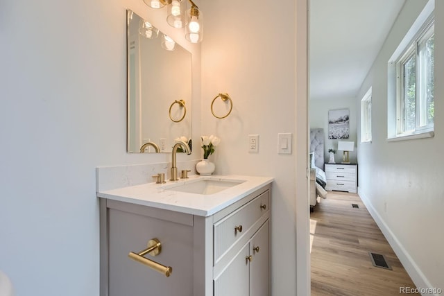 bathroom with hardwood / wood-style floors and vanity