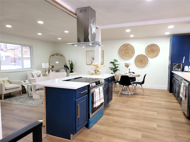 kitchen featuring a center island, island exhaust hood, blue cabinets, light wood-type flooring, and electric range