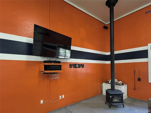 interior space featuring a wood stove