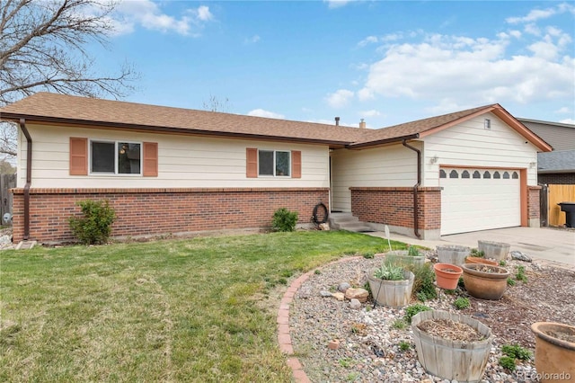 ranch-style home featuring brick siding, a garage, a front yard, and concrete driveway