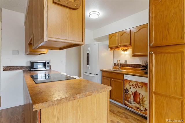 kitchen with freestanding refrigerator, stainless steel microwave, cooktop, a sink, and light wood-style floors
