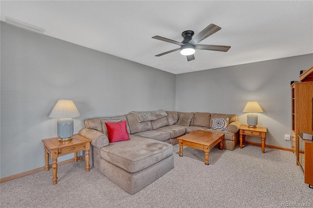 1786 Wintergreen Pl, Loveland, CO 80537 - living room with carpet floors, visible vents, ceiling fan, and baseboards