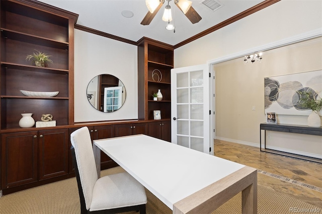 office featuring crown molding, ceiling fan, a chandelier, and baseboards