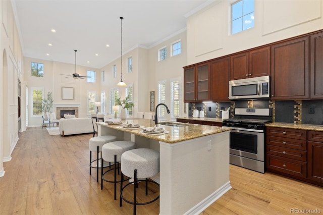 kitchen with appliances with stainless steel finishes, a sink, ceiling fan, a towering ceiling, and a kitchen bar