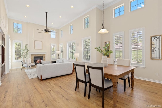 dining space with a high ceiling, ornamental molding, healthy amount of natural light, light wood-style flooring, and a ceiling fan