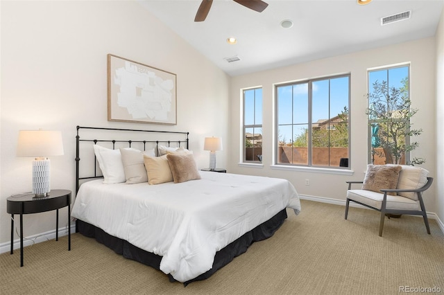 carpeted bedroom with baseboards, lofted ceiling, recessed lighting, and ceiling fan