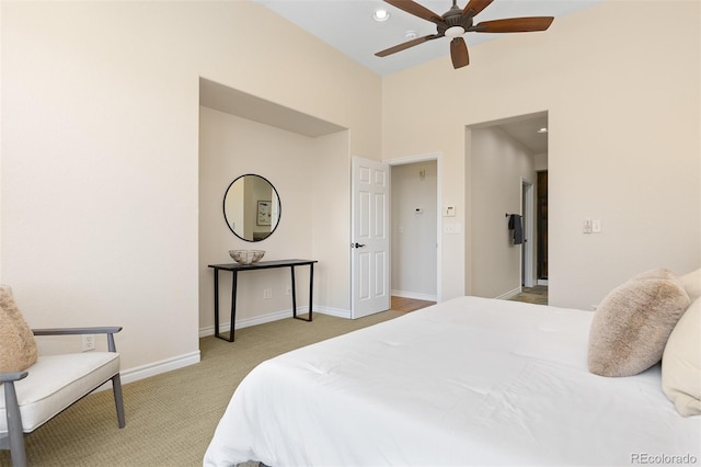 bedroom featuring carpet floors, baseboards, recessed lighting, and a ceiling fan
