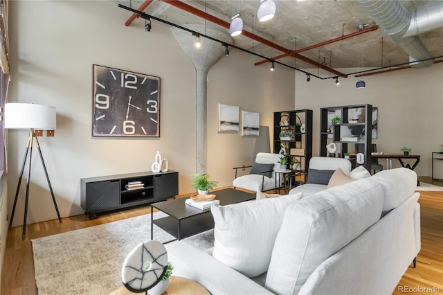 living room with wood-type flooring, rail lighting, and a high ceiling