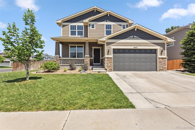 3823 Horiuchi St, Brighton, CO 80601 - craftsman-style house featuring stone siding, a porch, concrete driveway, and a garage