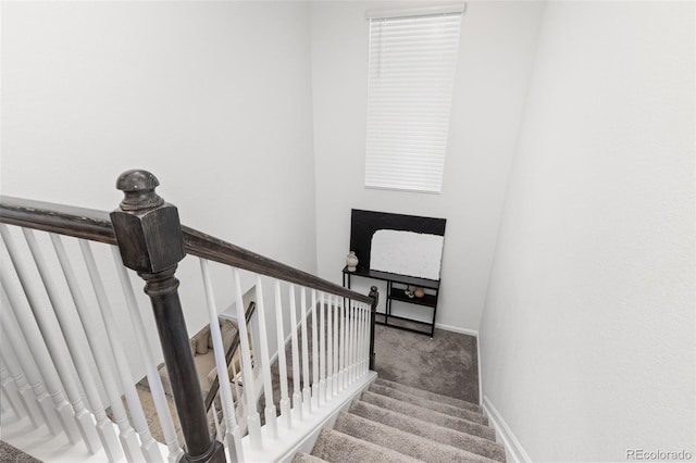 staircase with carpet floors and baseboards