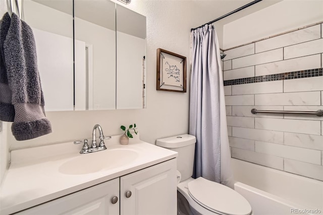 bathroom with vanity, shower / bath combination with curtain, and toilet