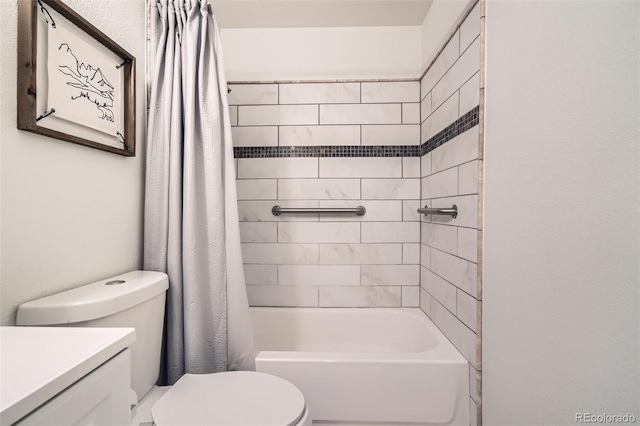 bathroom with toilet, shower / bath combination with curtain, and vanity