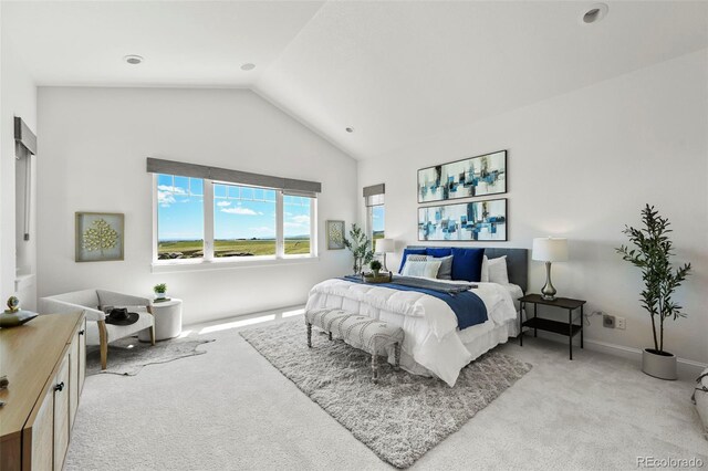 9510 Orion Way, Arvada, CO 80007 - bedroom with light colored carpet, vaulted ceiling, and baseboards