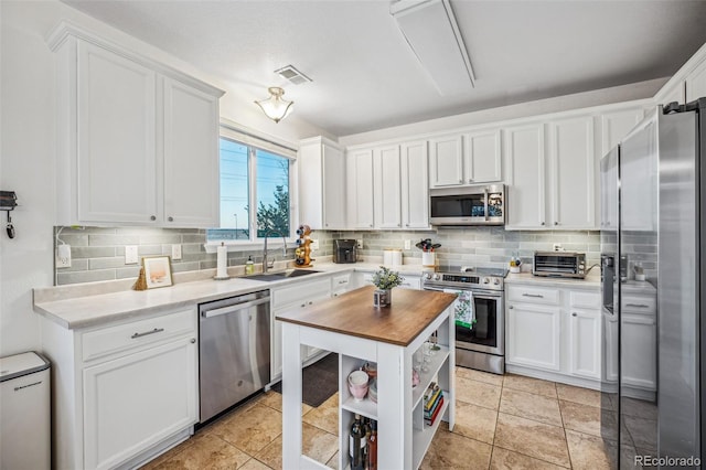 kitchen with decorative backsplash, sink, white cabinetry, and appliances with stainless steel finishes