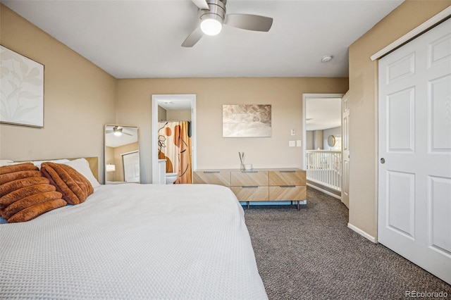 carpeted bedroom with ceiling fan, a closet, and connected bathroom