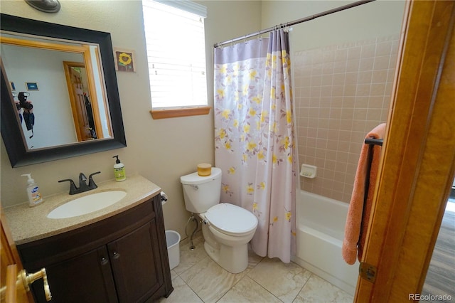 full bath featuring toilet, vanity, and shower / tub combo