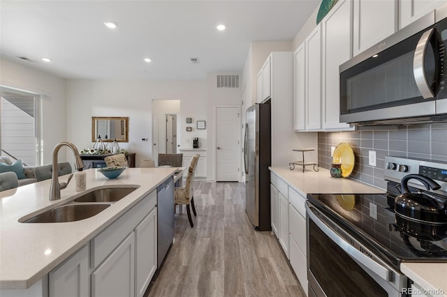 kitchen with appliances with stainless steel finishes, white cabinetry, sink, decorative backsplash, and light hardwood / wood-style floors