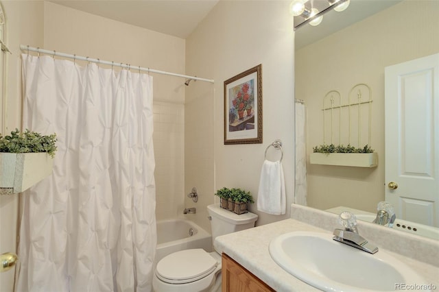 full bathroom featuring toilet, shower / tub combo with curtain, and vanity