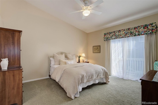 bedroom with light carpet, vaulted ceiling, ceiling fan, access to outside, and baseboards