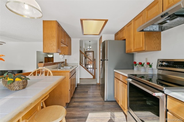 kitchen with sink, stainless steel range with electric stovetop, dark hardwood / wood-style floors, ventilation hood, and a chandelier