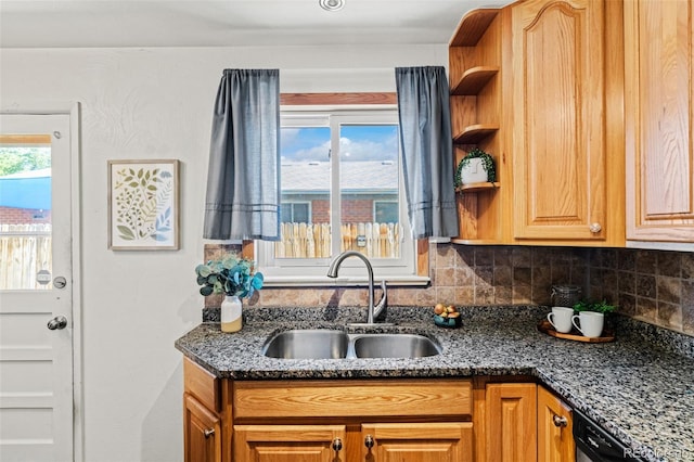 5920 Garrison St, Arvada, CO 80004 - kitchen featuring a sink, dark stone counters, open shelves, and backsplash