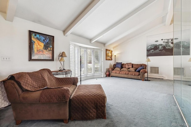 living room featuring carpet floors and baseboard heating