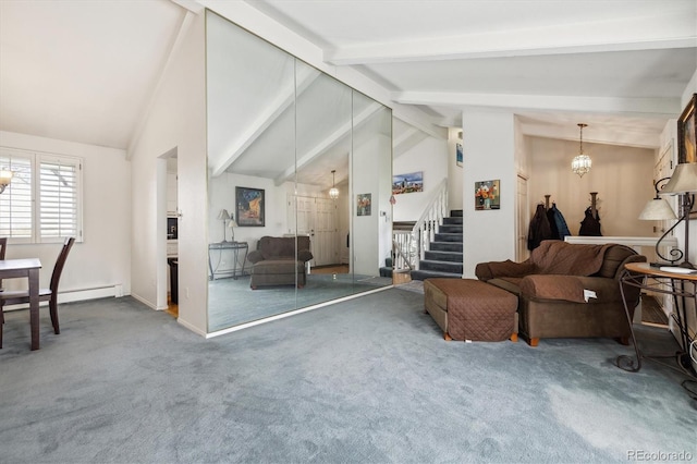 living room featuring stairs, baseboard heating, a chandelier, and carpet