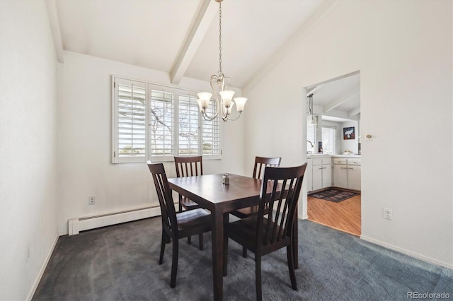 dining space featuring a baseboard radiator, a chandelier, dark colored carpet, and baseboards