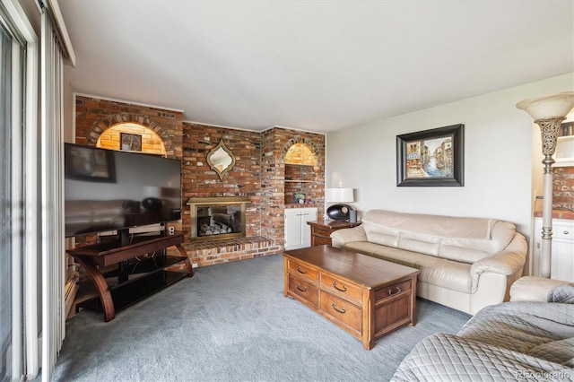 living room featuring carpet flooring and a brick fireplace