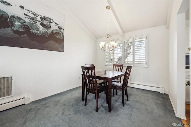 dining space with baseboard heating, a chandelier, carpet, and baseboards