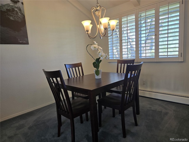 12391 E Cedar Cir, Aurora, CO 80012 - dining space with carpet floors, a chandelier, a baseboard heating unit, and baseboards