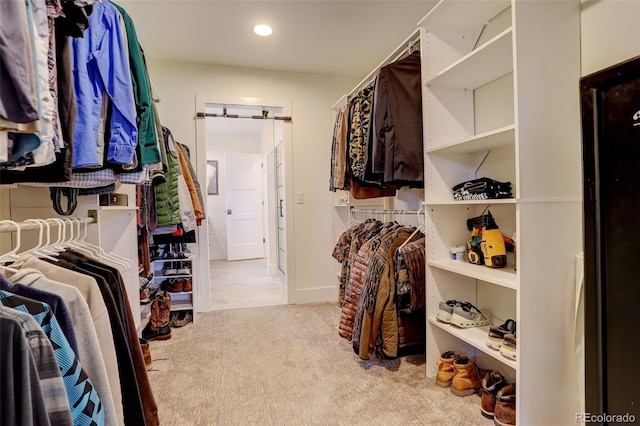 walk in closet featuring light carpet