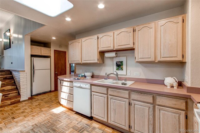 753 S Utica St, Denver, CO 80219 - kitchen with white appliances, a sink, light brown cabinetry, light countertops, and recessed lighting