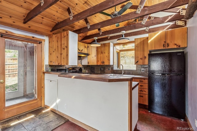 24427 Peak To Peak Hwy, Nederland, CO 80466 - kitchen featuring freestanding refrigerator, a sink, plenty of natural light, wood ceiling, and a peninsula