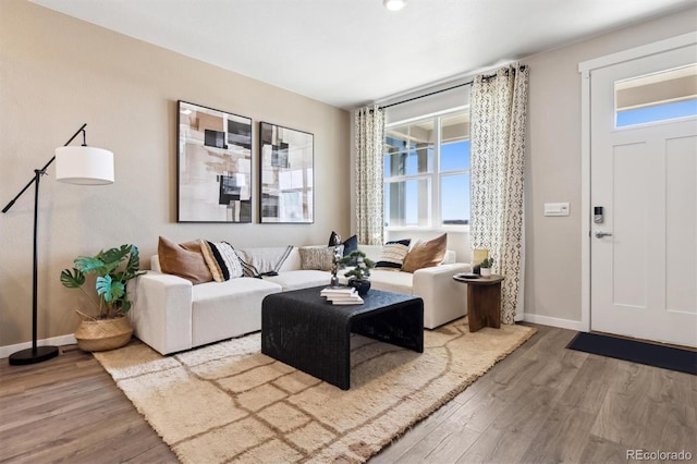 living room featuring wood finished floors and baseboards