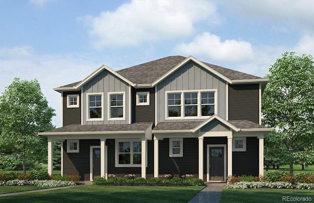 craftsman inspired home with board and batten siding, a porch, a front lawn, and roof with shingles