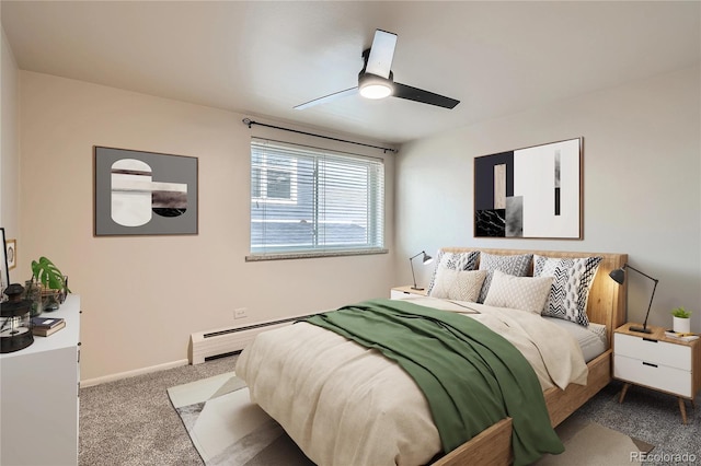 bedroom with a ceiling fan, baseboards, and carpet floors