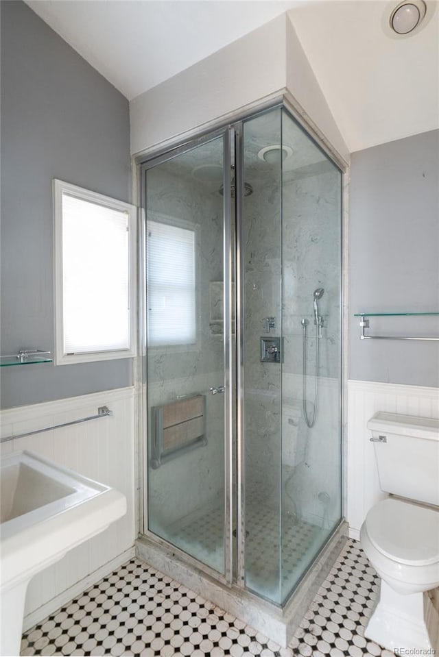 full bath featuring toilet, a stall shower, wainscoting, and vaulted ceiling