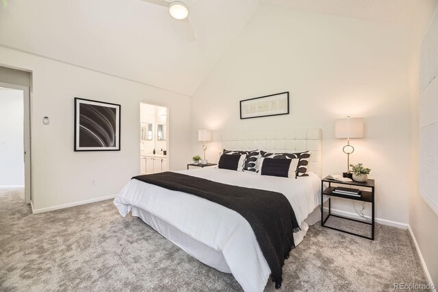 5016 S Nelson St Unit C, Littleton, CO 80127 - bedroom featuring carpet, baseboards, high vaulted ceiling, connected bathroom, and ceiling fan