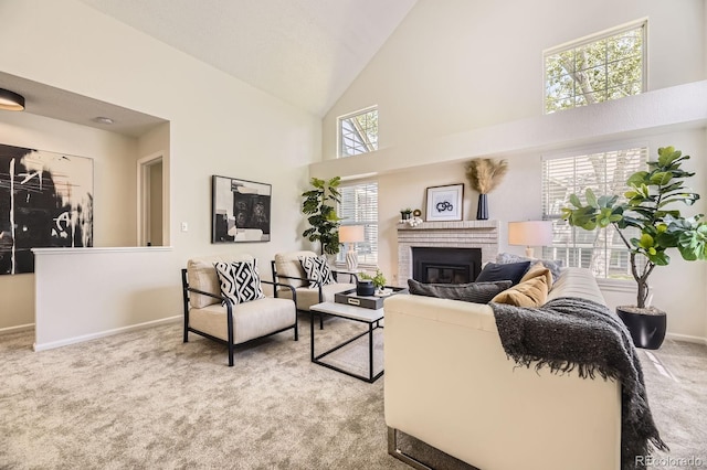5016 S Nelson St Unit C, Littleton, CO 80127 - carpeted living room with a fireplace, high vaulted ceiling, and baseboards