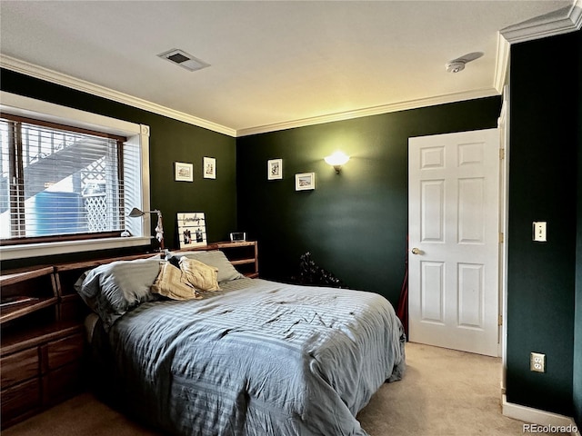 bedroom featuring carpet floors and ornamental molding