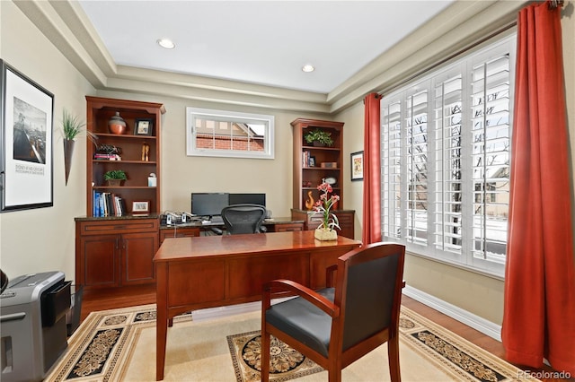 office area with recessed lighting, light wood-style flooring, and baseboards