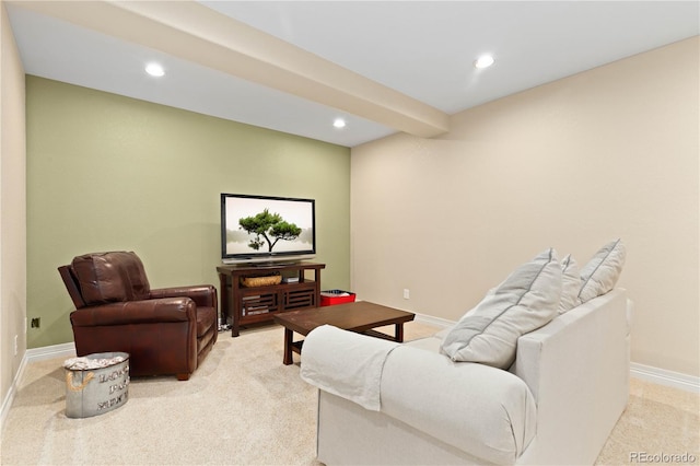 living room featuring baseboards, recessed lighting, and light colored carpet